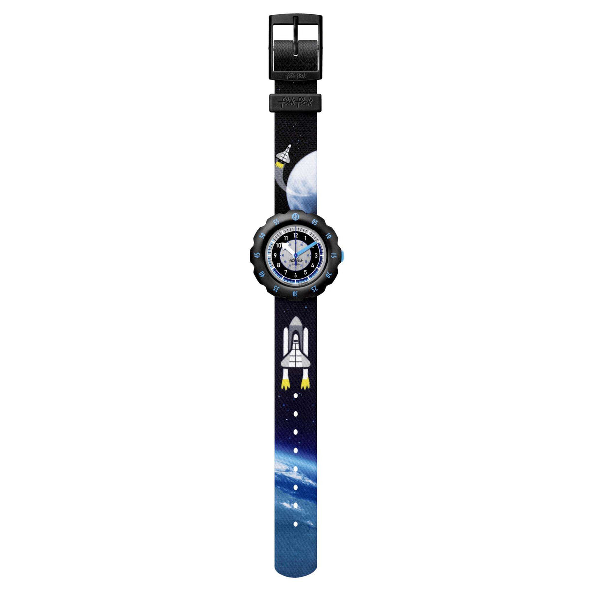 Flik Flak kids watch with dark rocket-print strap, blue two-tone round dial