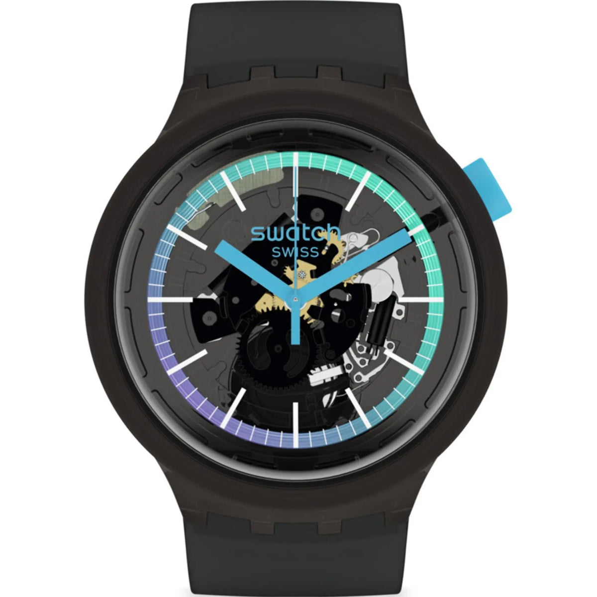 Dark silicone strap quartz skeleton dial watch with blue-green grid bezel