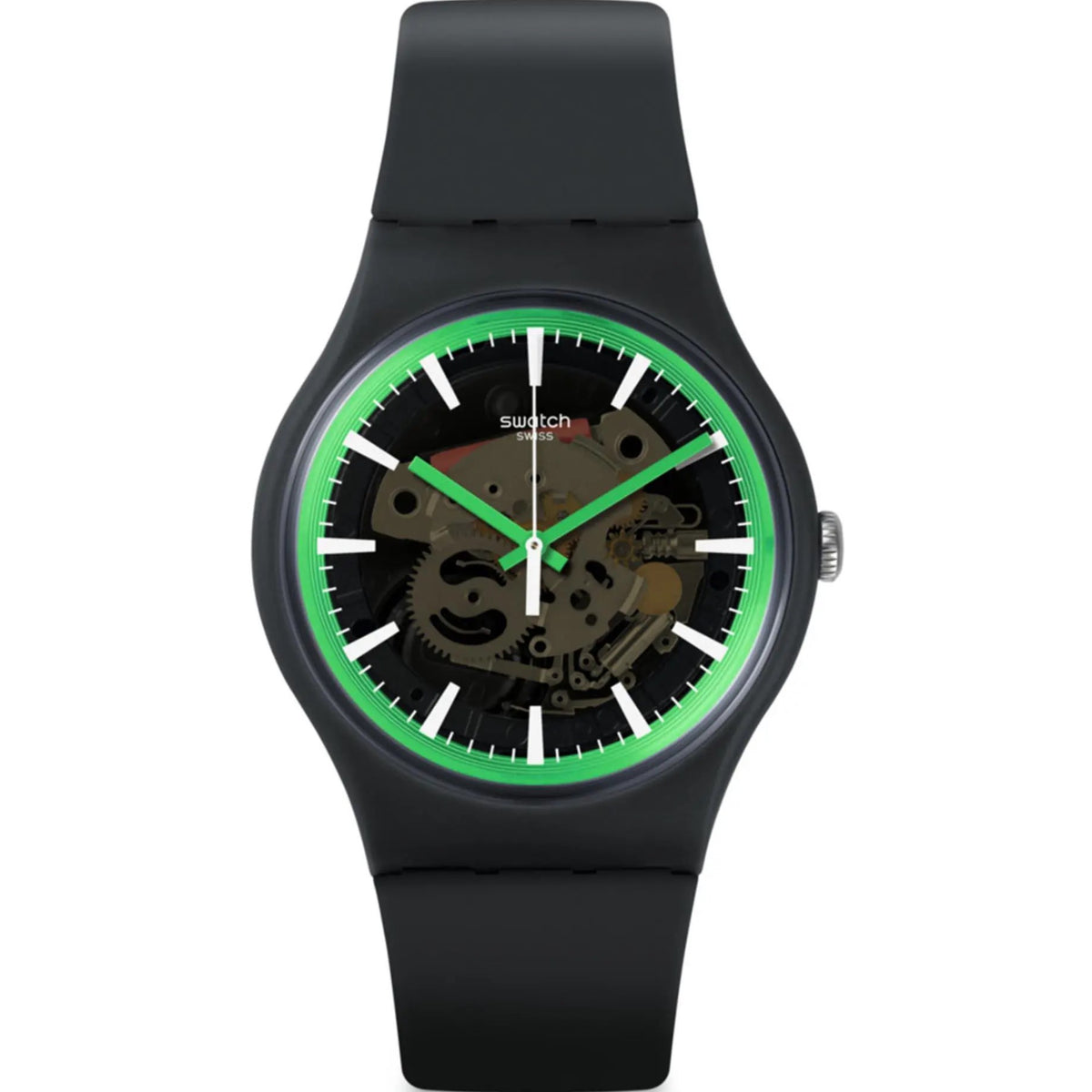 Black silicone watch with skeleton dial, green ring, green hands and hour markers