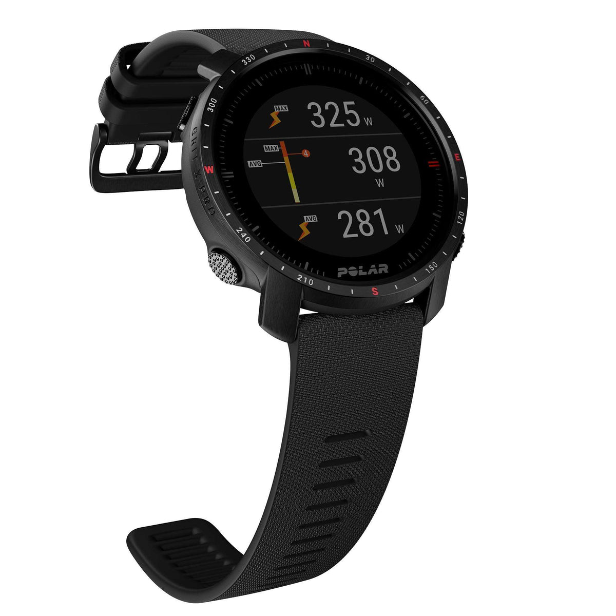 Black rugged smartwatch with round display and textured rubber strap, angled view