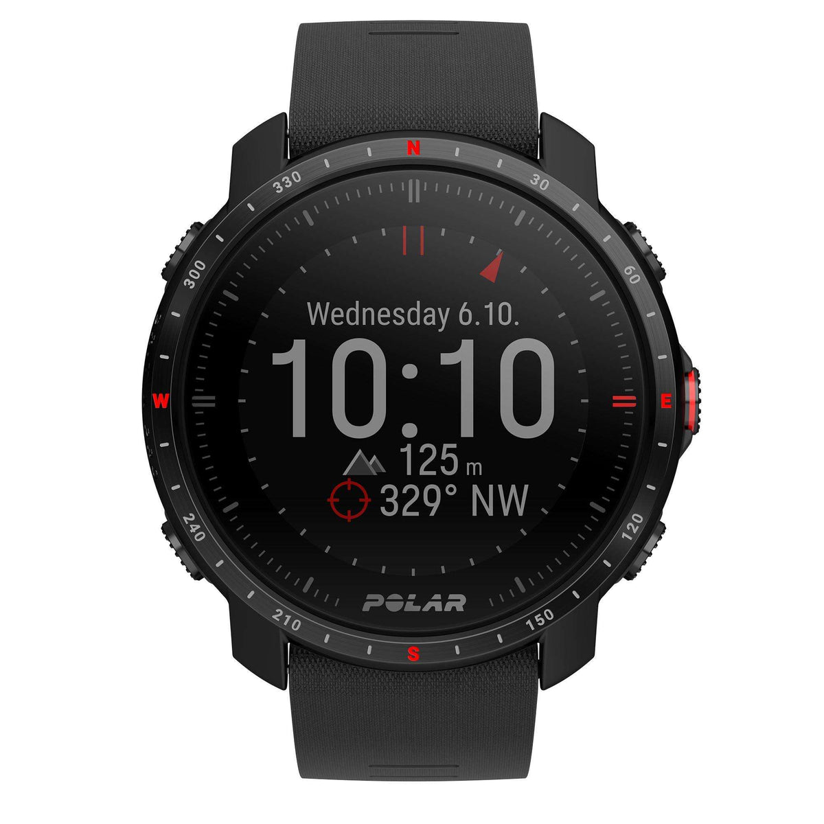 Black touchscreen smartwatch with date and time readout, black rubber strap