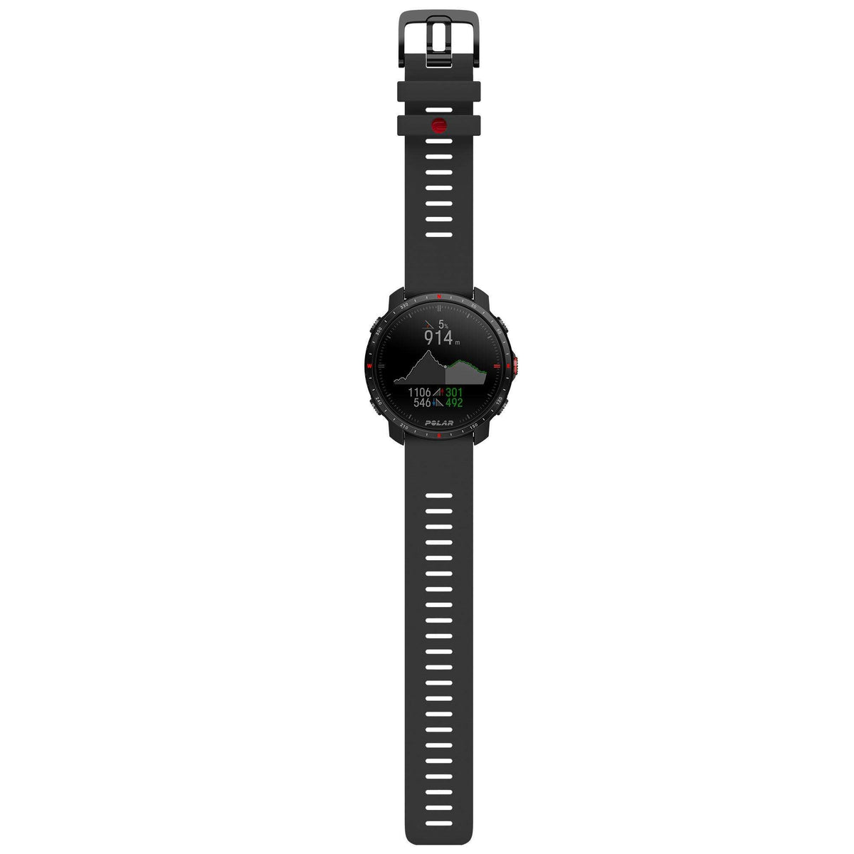 Black smartwatch shown from above with long rubber strap and clasp-style buckle