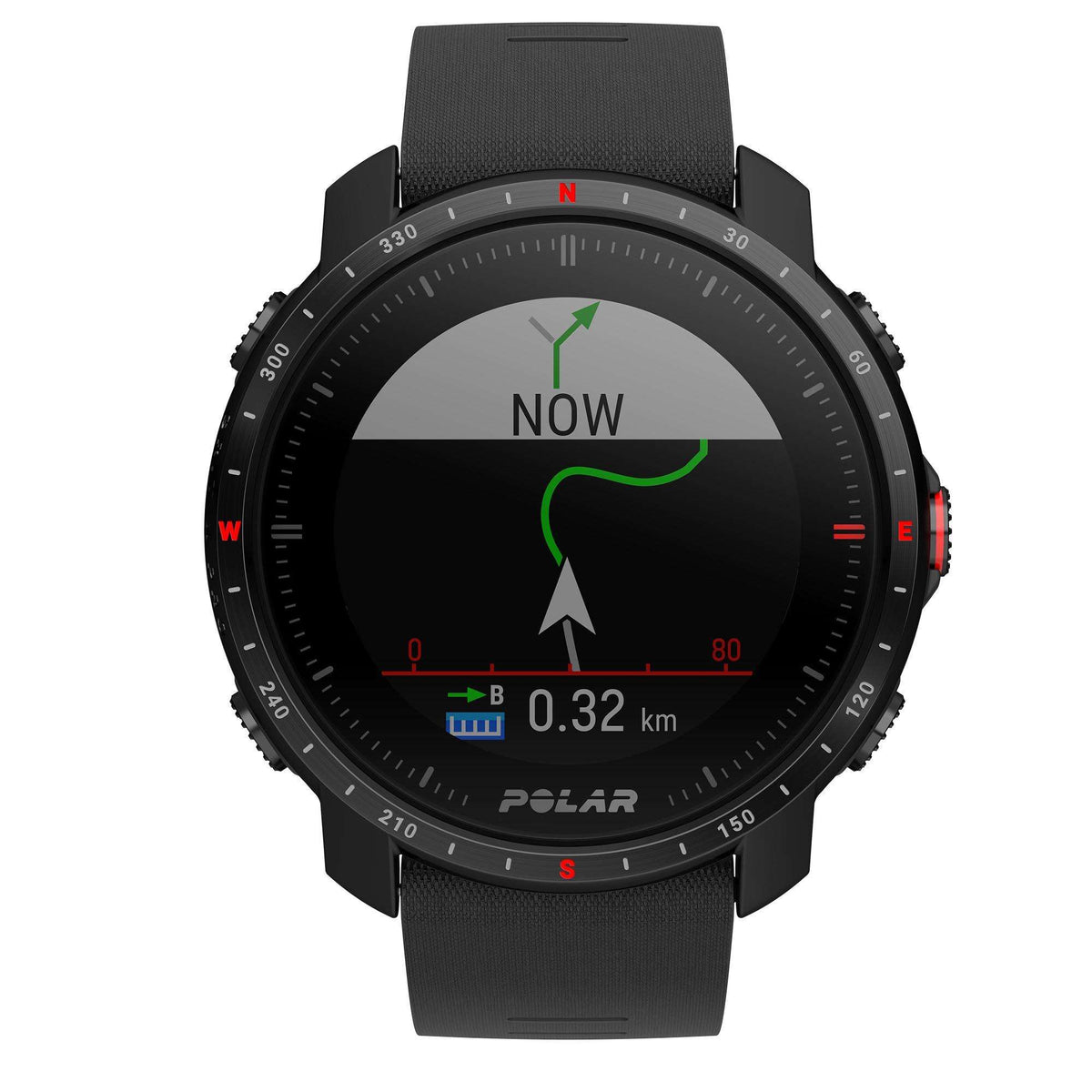 Black smartwatch with rubber strap showing "NOW" and distance 0.32 km