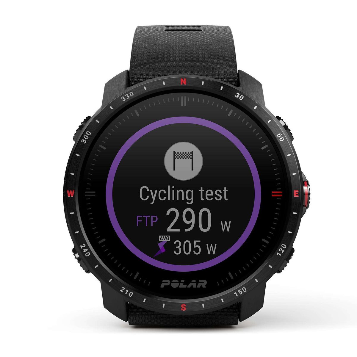 Black smartwatch with rubber strap showing Cycling test 290 W