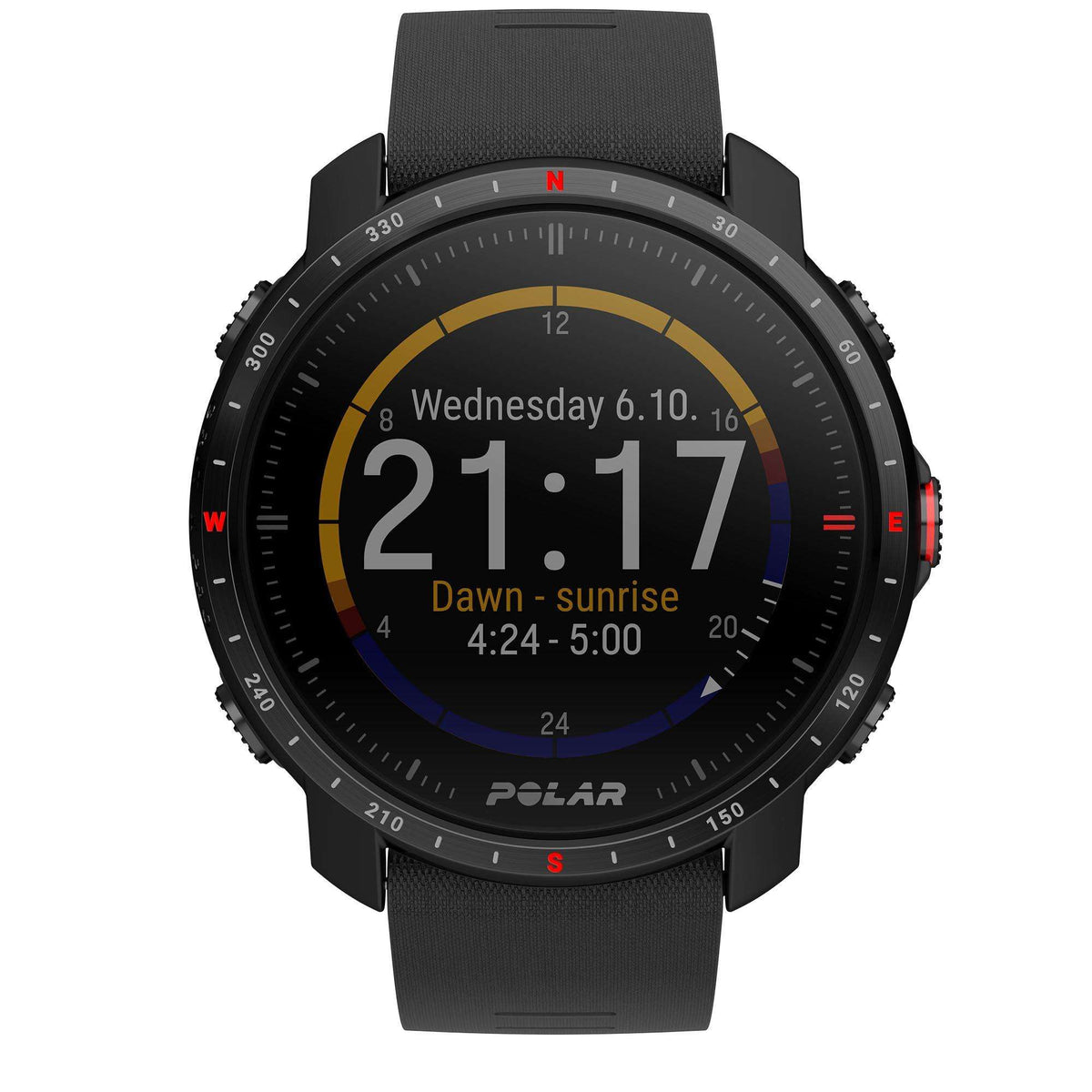 Black sport smartwatch with circular display and sunrise graphics, black rubber strap