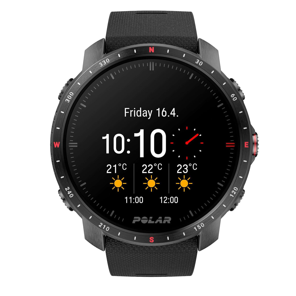 Black smartwatch with textured rubber strap showing 10:10 and weather icons