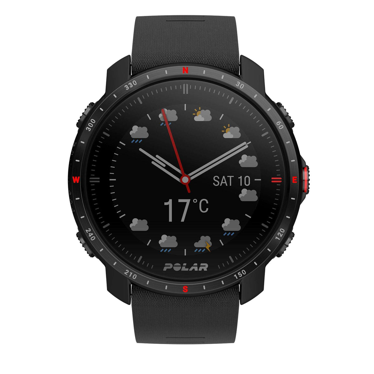 Black smartwatch with rubber strap showing 17°C temperature and cloud icons