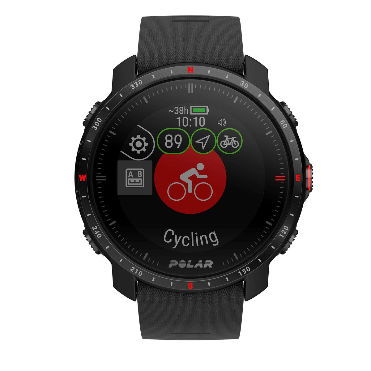 Black smartwatch with rubber strap showing Cycling mode and bike workout icon