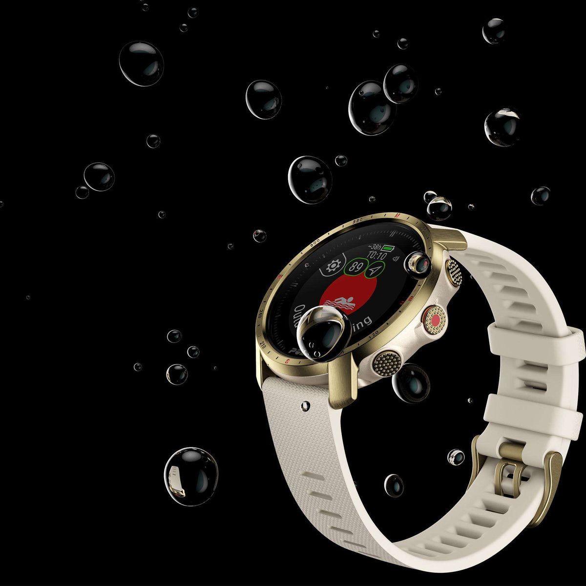 Unisex sports watch with cream band and gold case, back view with sensors visible