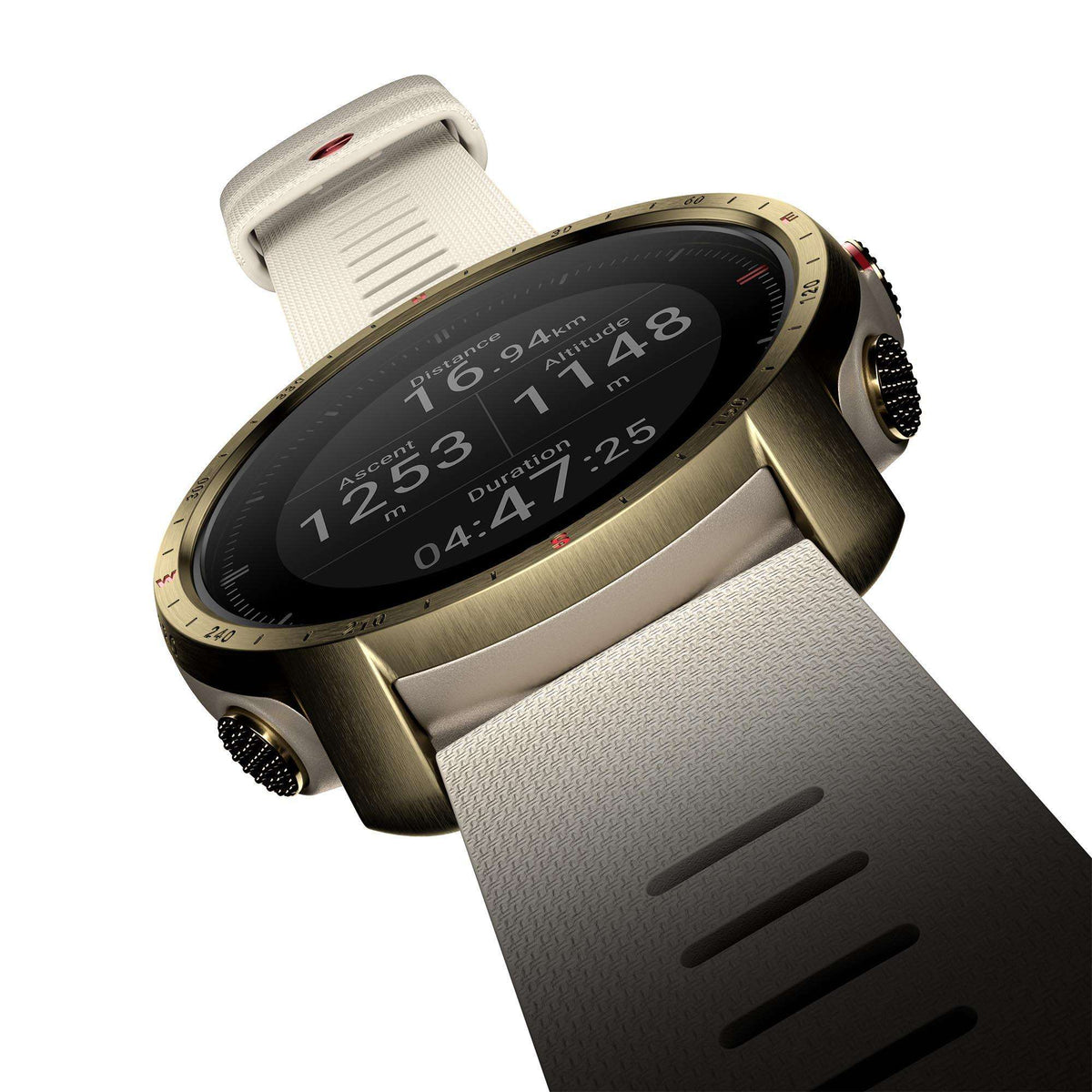 Unisex sports watch angled view with cream band and gold case, showing metrics on screen