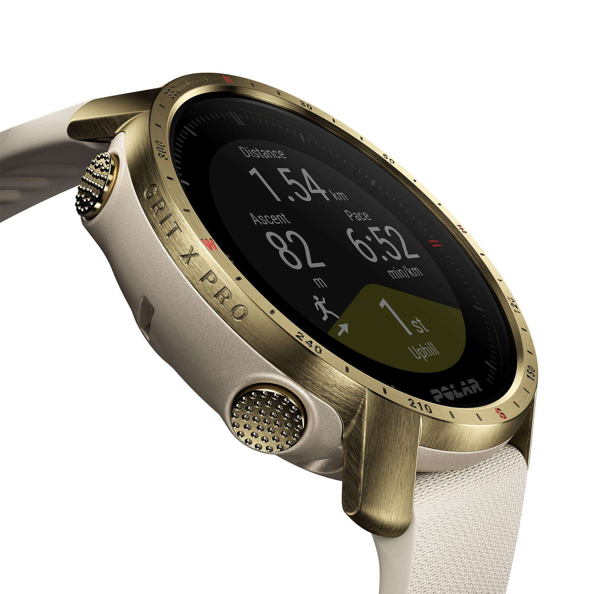 Unisex sports watch close-up angled view with black display, gold case, cream strap
