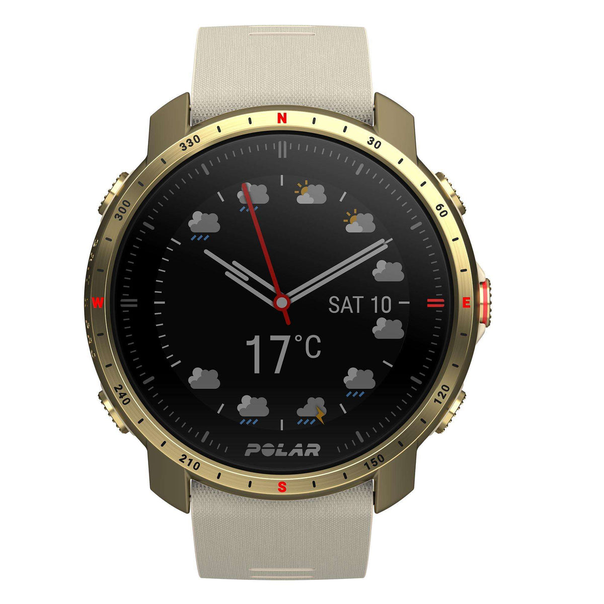 Unisex sports watch with black dial, gold bezel, cream fabric strap showing 17°C