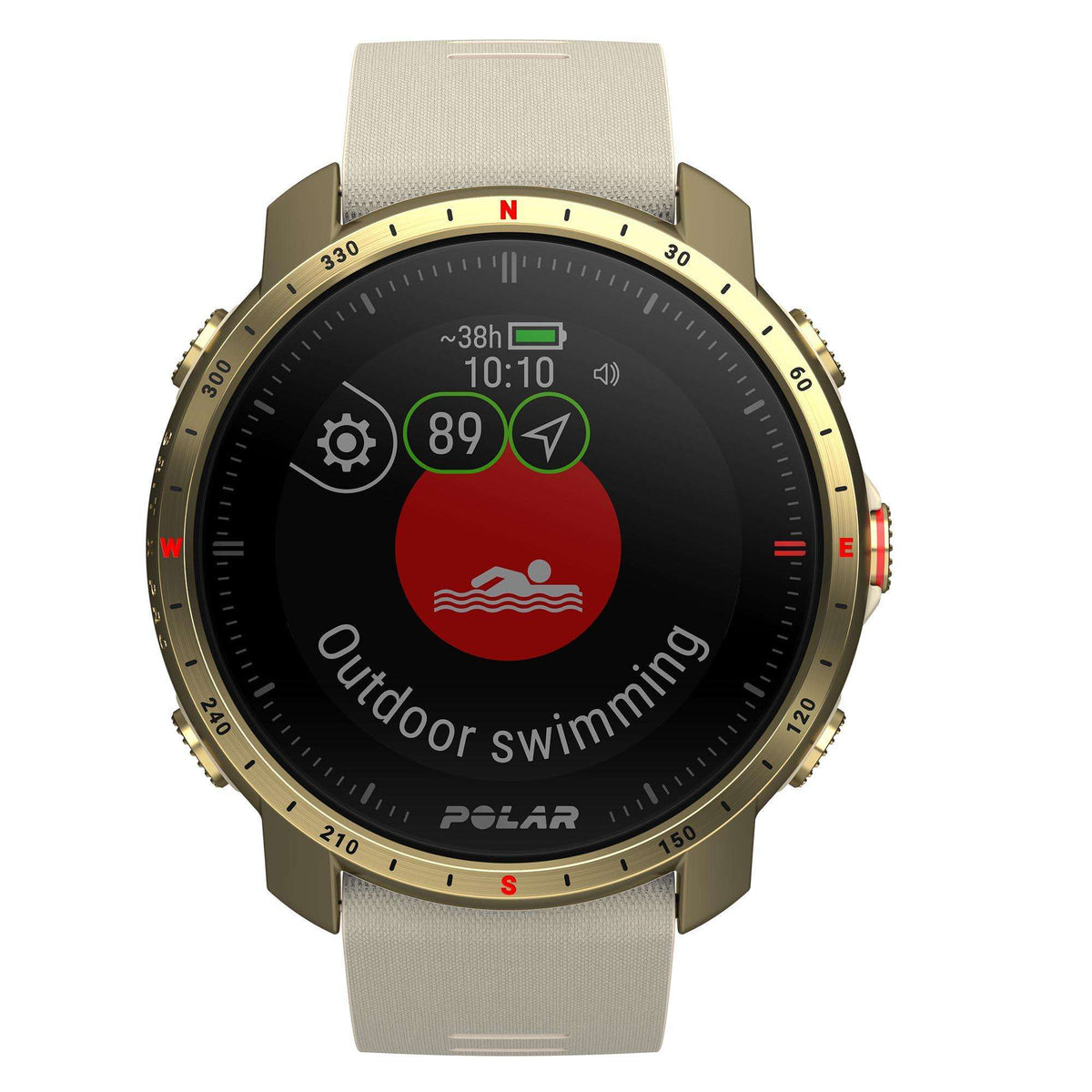 Unisex smartwatch with black dial, gold case, and cream textured silicone strap, outdoor swimming.