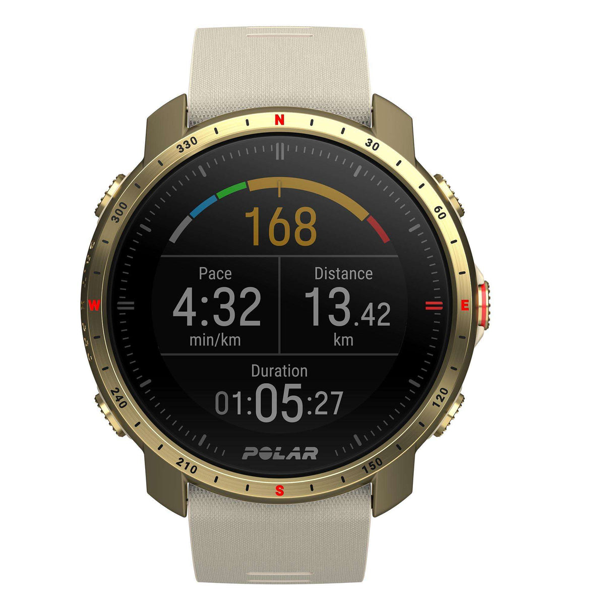 Unisex smartwatch with black dial, gold case, and cream textured silicone strap, pace and distance.