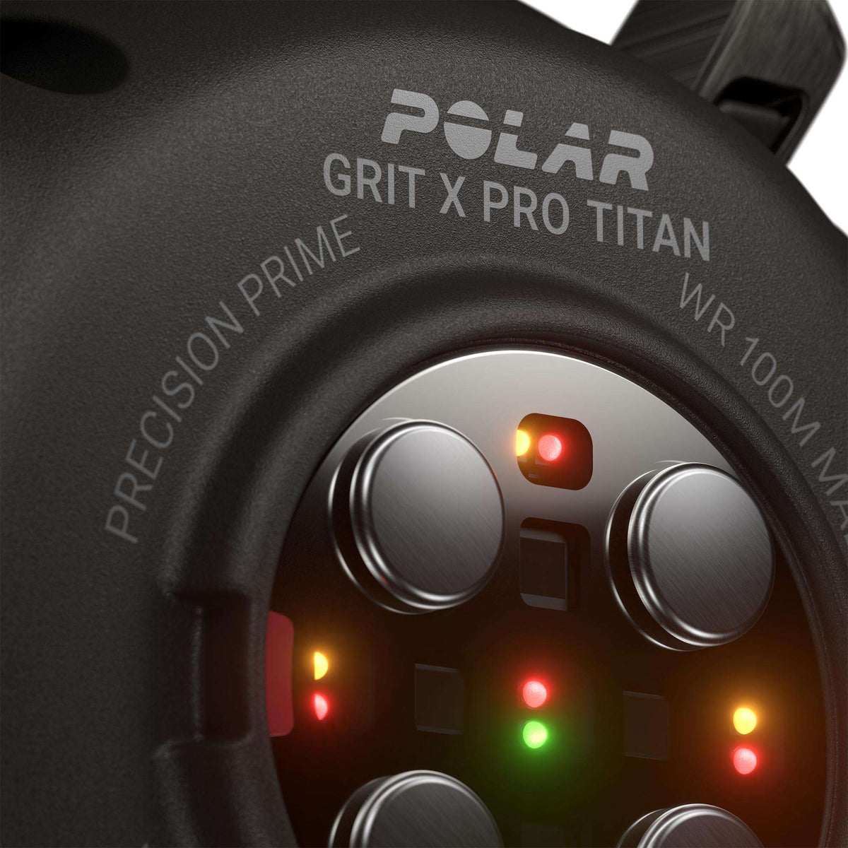 Smartwatch with black rubber strap, silver bezel, dark display with colored status lights.