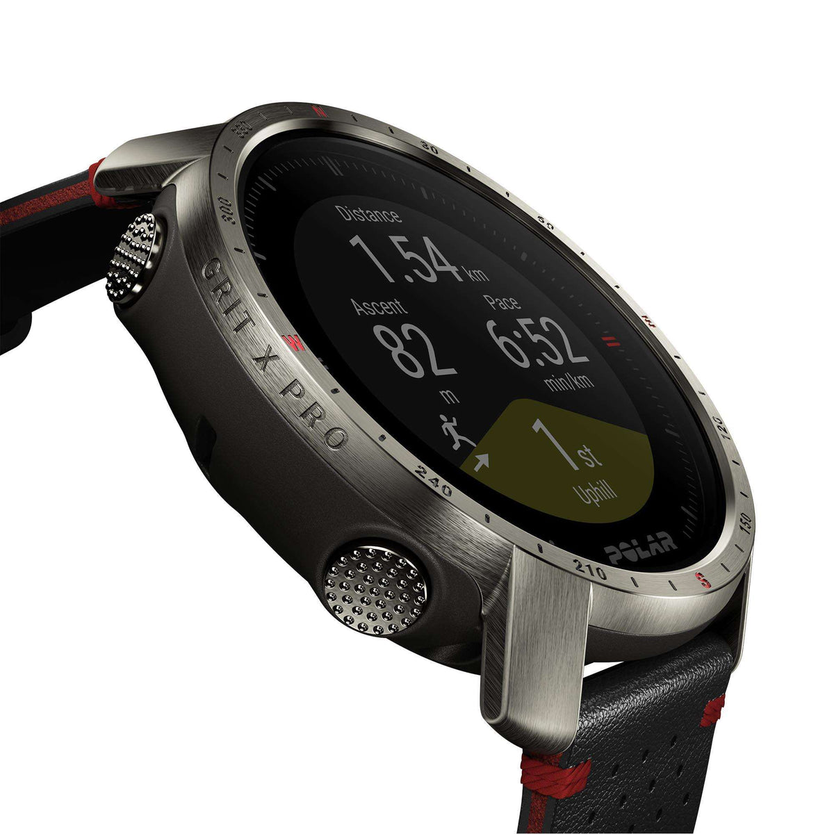 Smartwatch angled view with dark display, distance scale, and green activity graph.