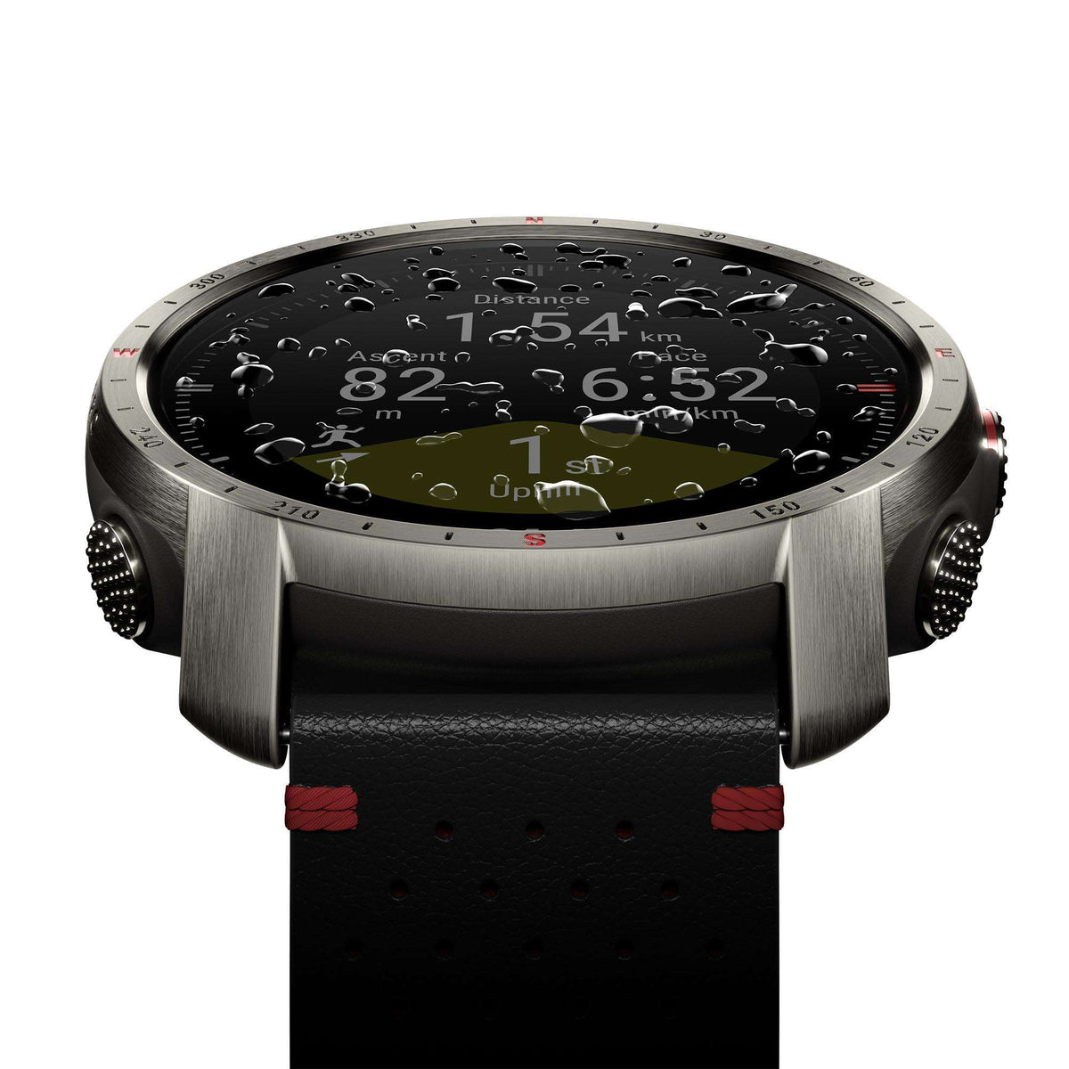 Smartwatch back view with sensor bumps and dark housing; black rubber strap.
