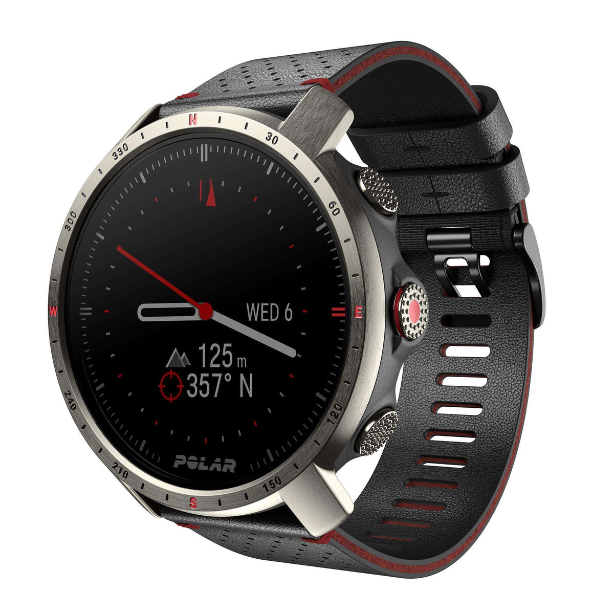 Smartwatch front view with red activity icons on black display; black rubber strap.