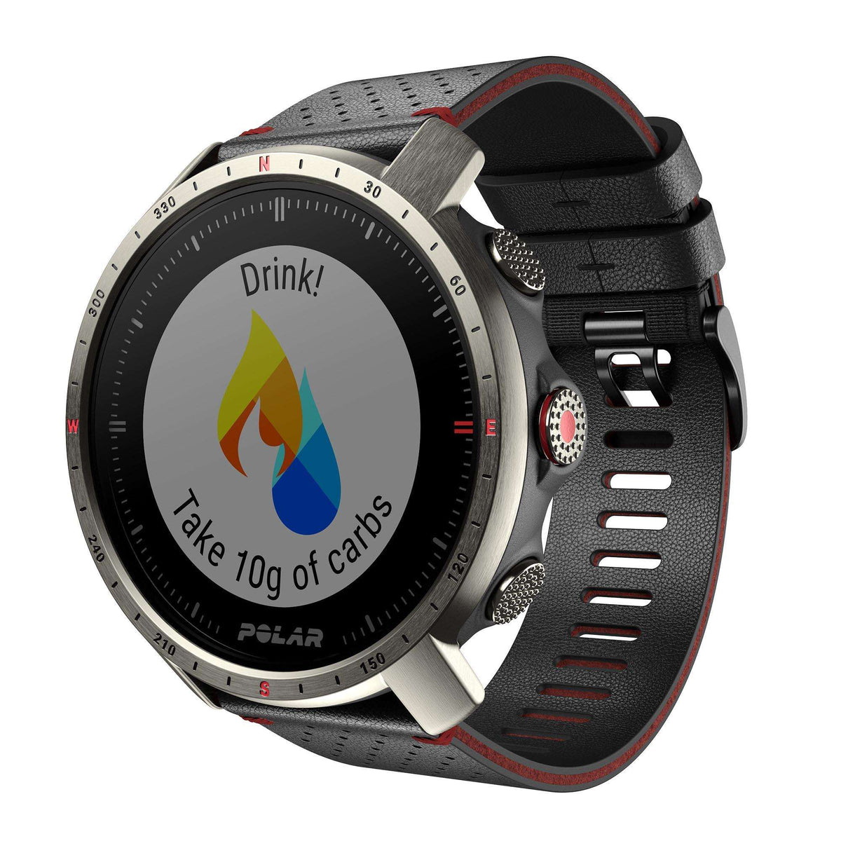 Grey case smartwatch with black rubber strap and black dial showing “Drink!” flame graphic