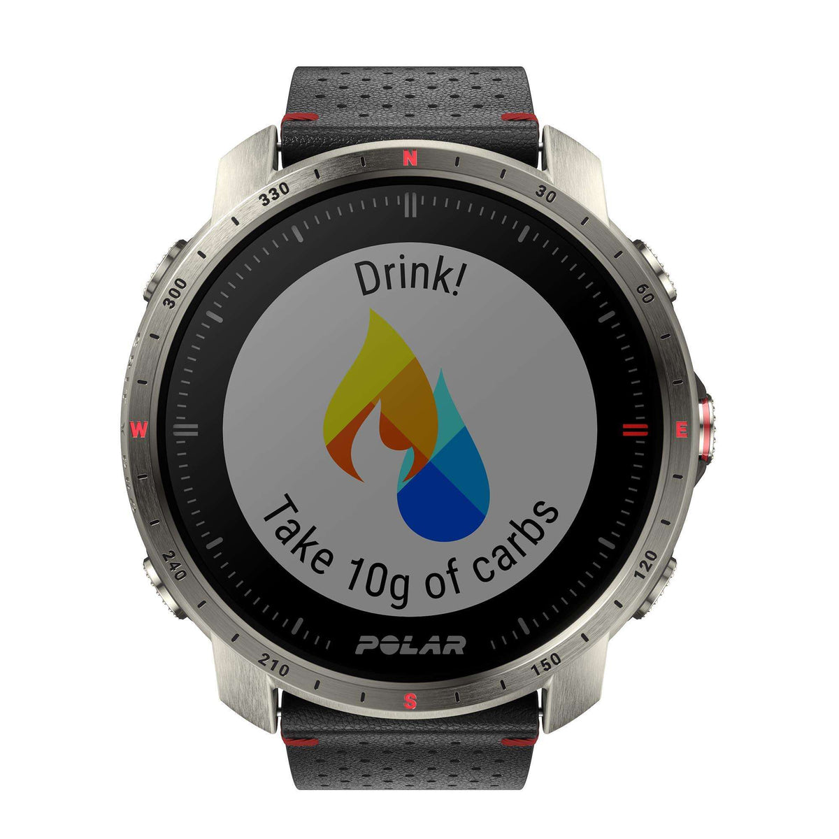 Grey case smartwatch with black rubber strap and black dial showing “Drink!” take 10g of carbs