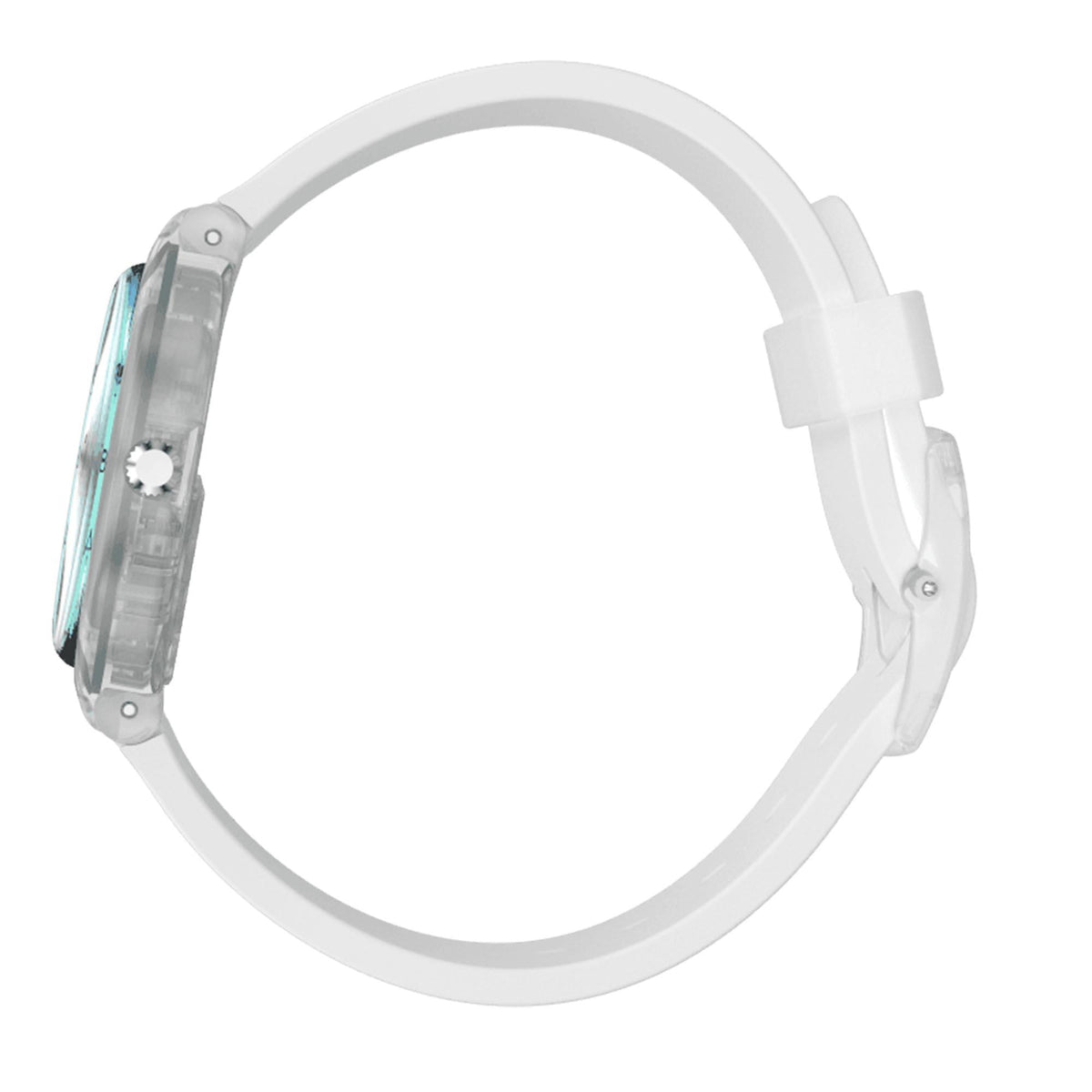 Silicone strap quartz watch underside view with light blue strap and round case