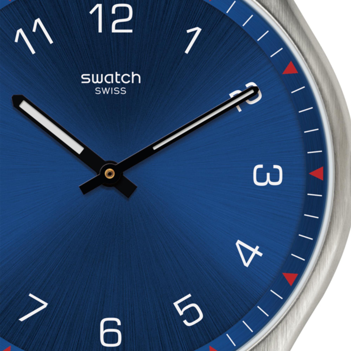 Unisex quartz wristwatch close-up: blue dial with numeric markers and black hands