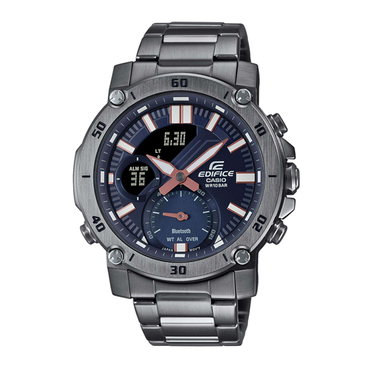 Quartz mens wristwatch with blue dial, metal bezel markings, and stainless steel bracelet