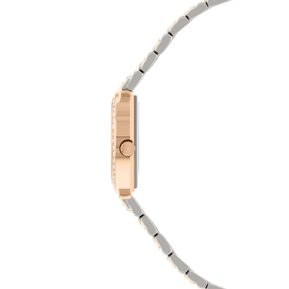 Two-tone quartz watch side view with rose-gold case and silver link bracelet