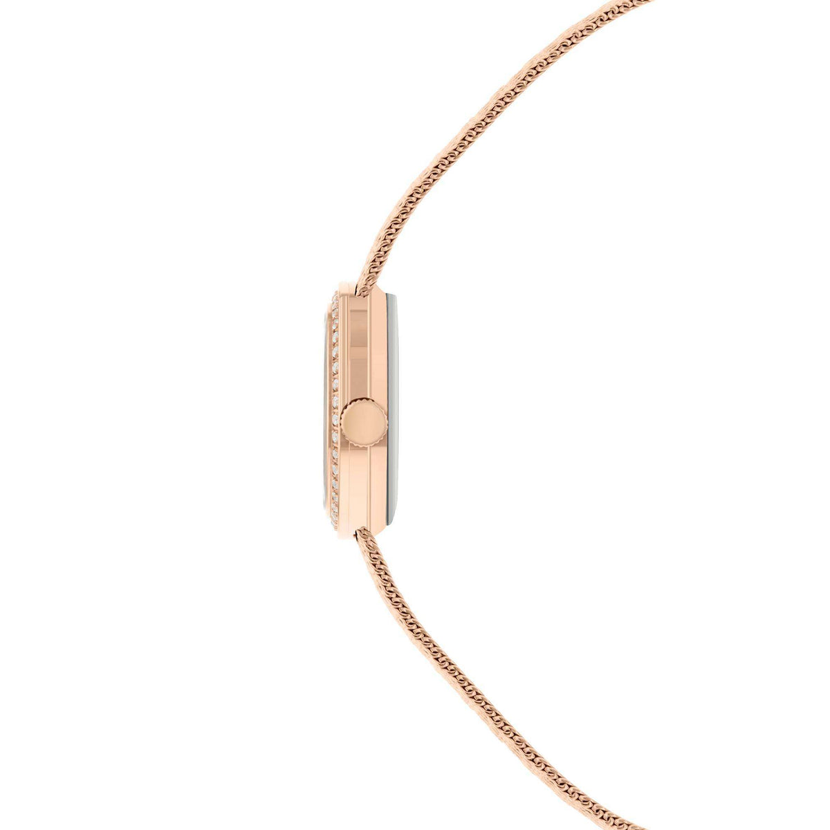 Gold quartz wristwatch case with crown and pink-toned bracelet mesh, side view