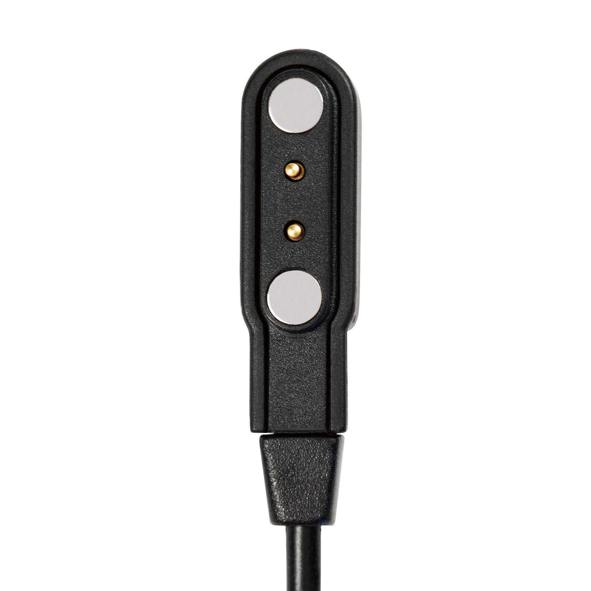 Black leather-look smartwatch strap with clasp and two gold contact pins