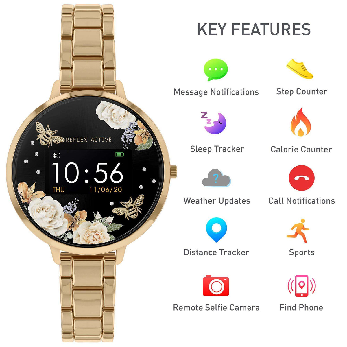 Gold smartwatch with black floral screen showing time and feature notification icons