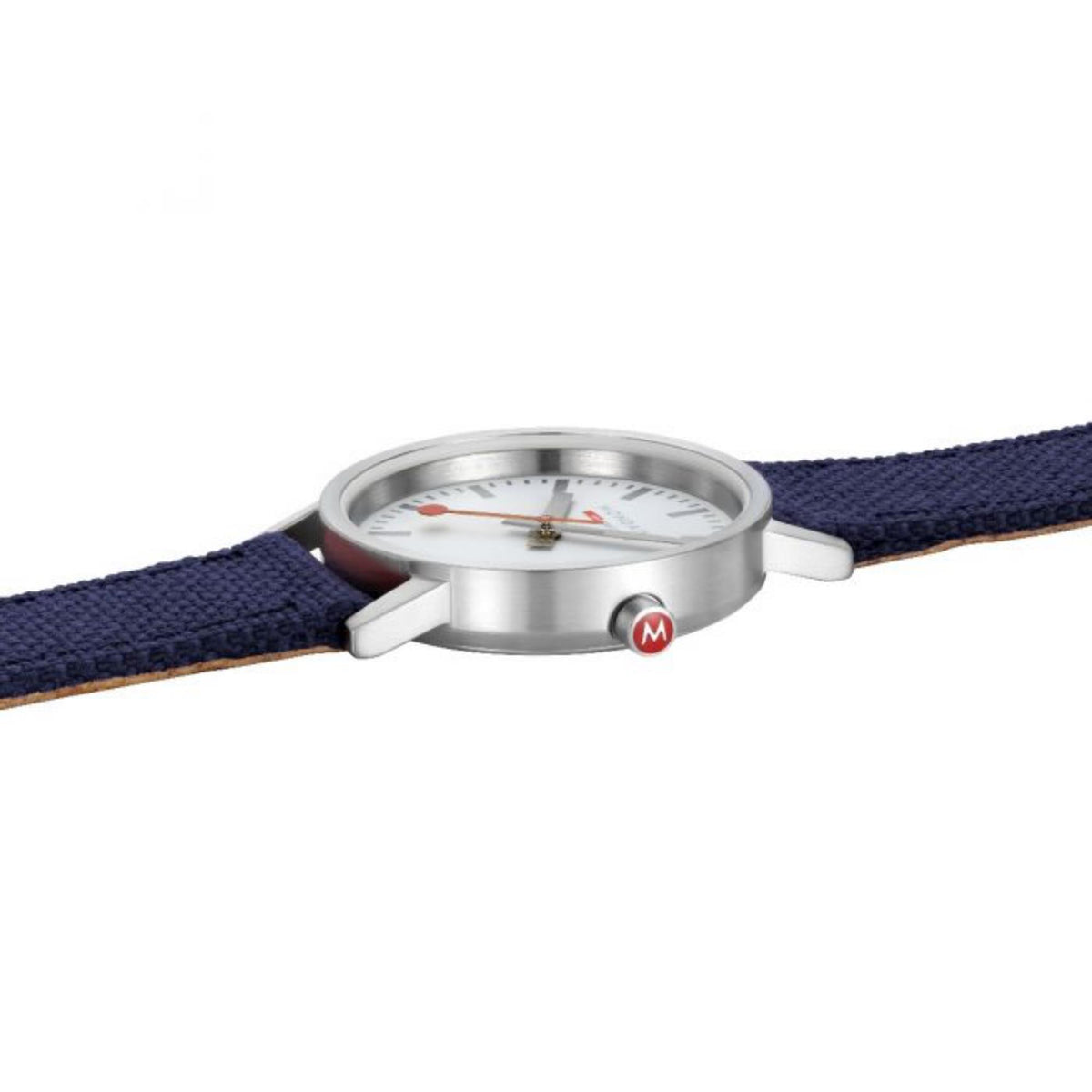 Silver quartz watch with crown, white dial and blue textile strap (side view)