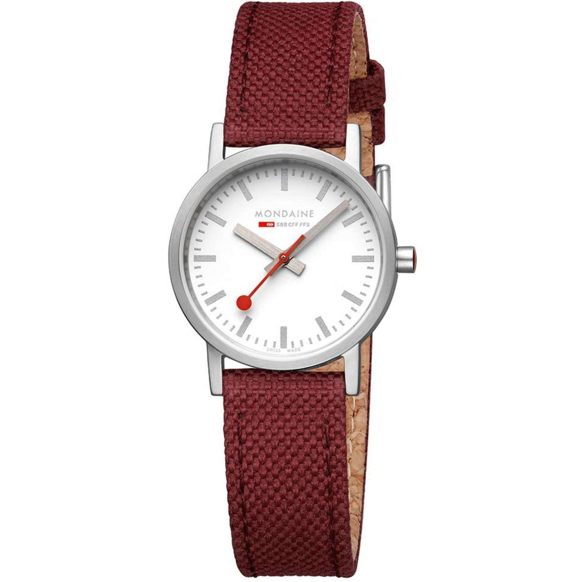 Ladies wrist watch, white dial with red second hand and red textile strap, silver case