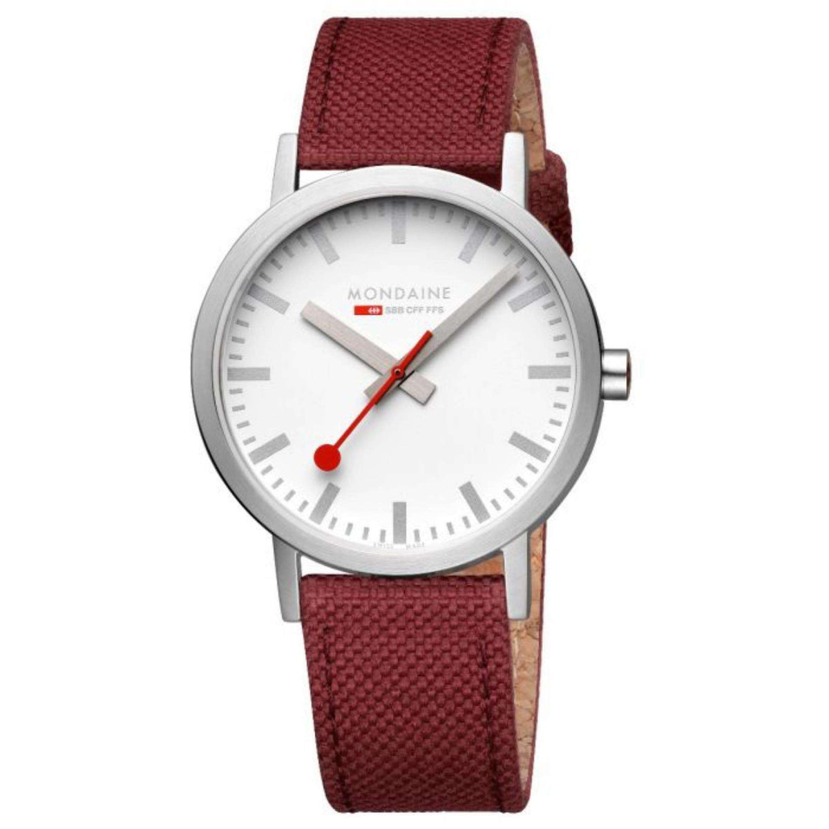 Mondaine quartz watch front view with white dial, red textile strap, silver bezel