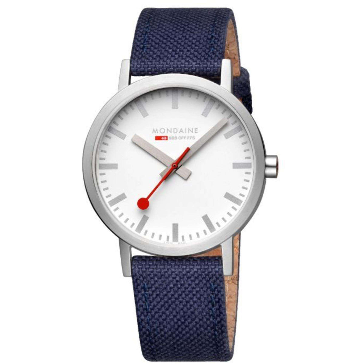 Classic round quartz watch with white dial, silver bezel, navy textile strap