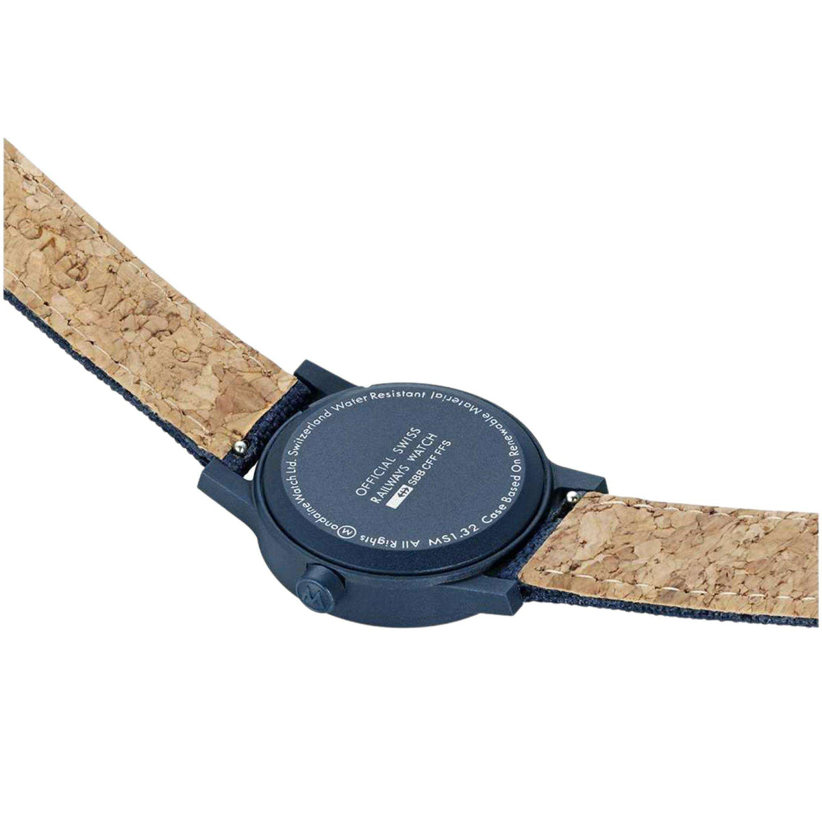 Back view of ladies quartz watch with navy case and beige cork-pattern textile strap.