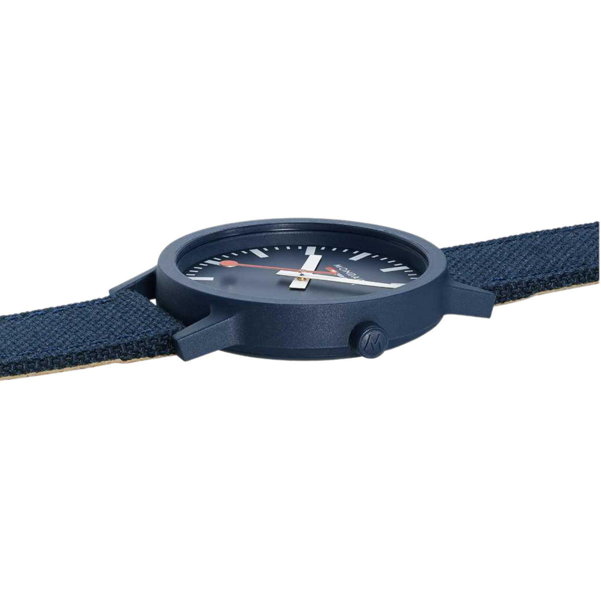 Mondaine navy-cased quartz watch side view with crown and blue textile strap