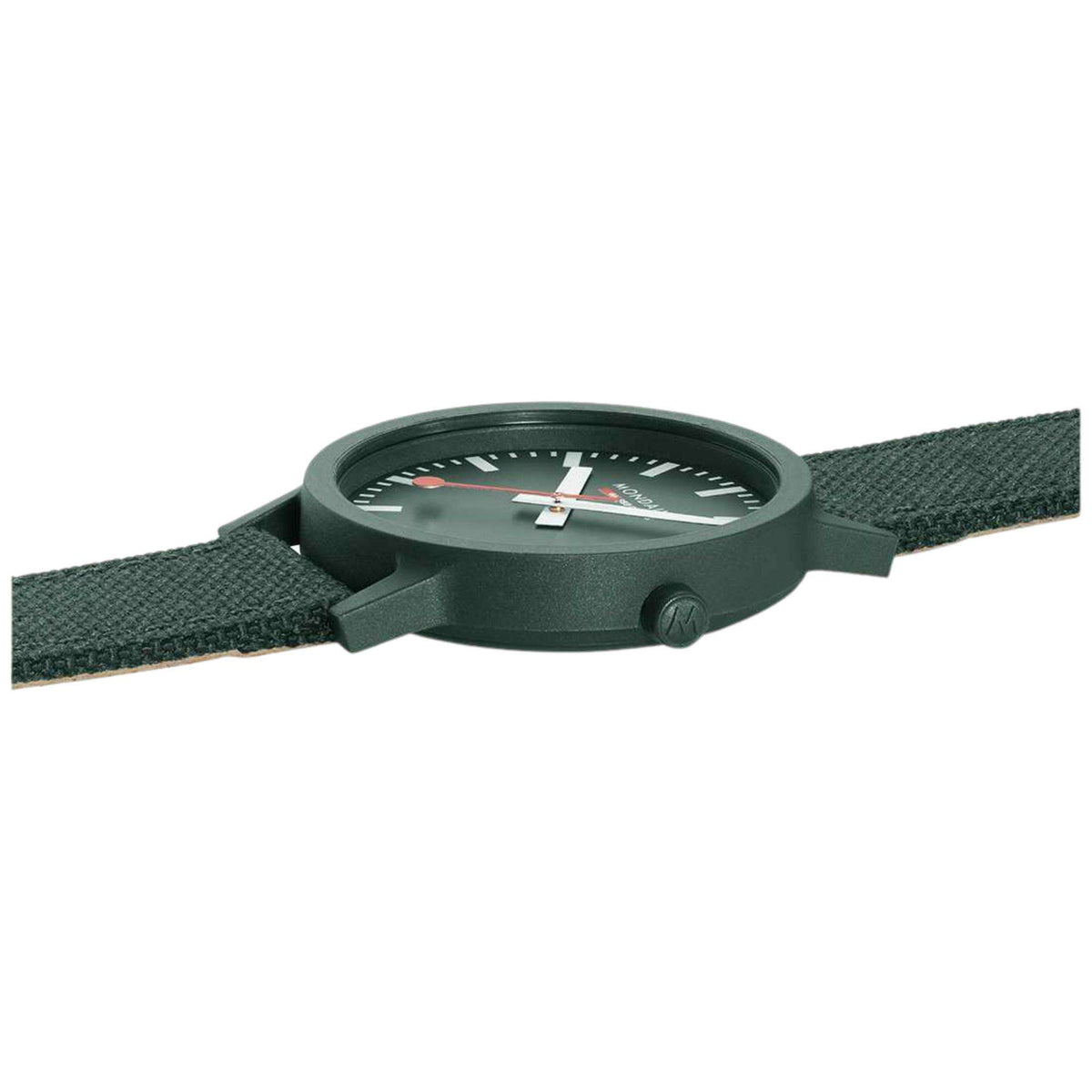 Men's Mondaine watch side view with dark green case, crown, and woven dark green strap