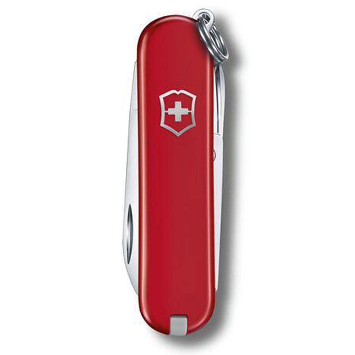 Red folding pen knife with swiss cross badge and key ring, closed compact design