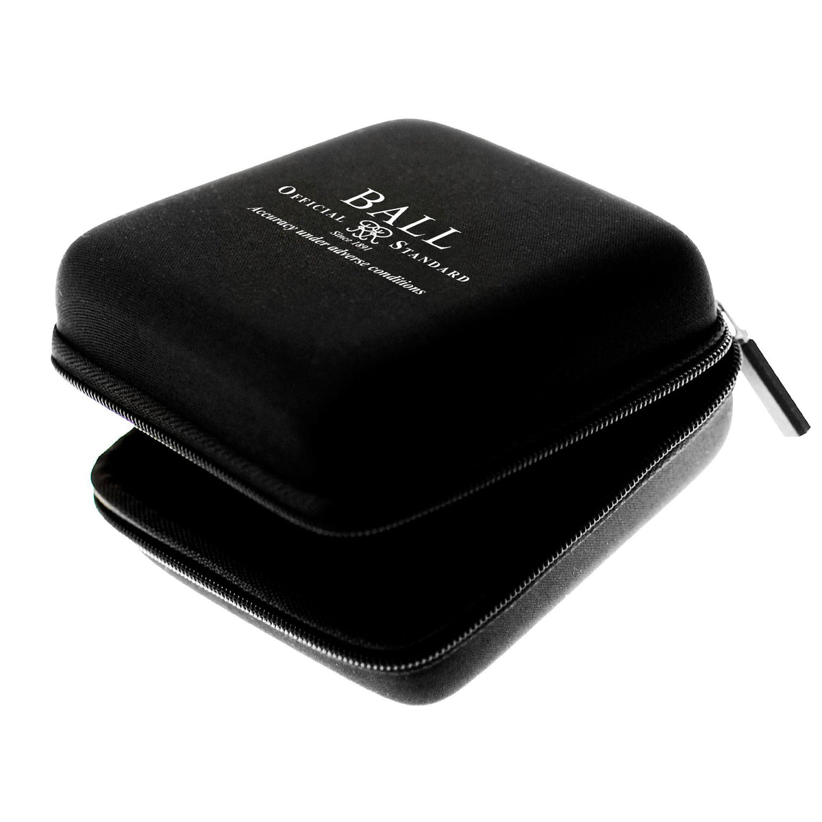 Black zippered ball travel case with zipper pull and BALL logo on top