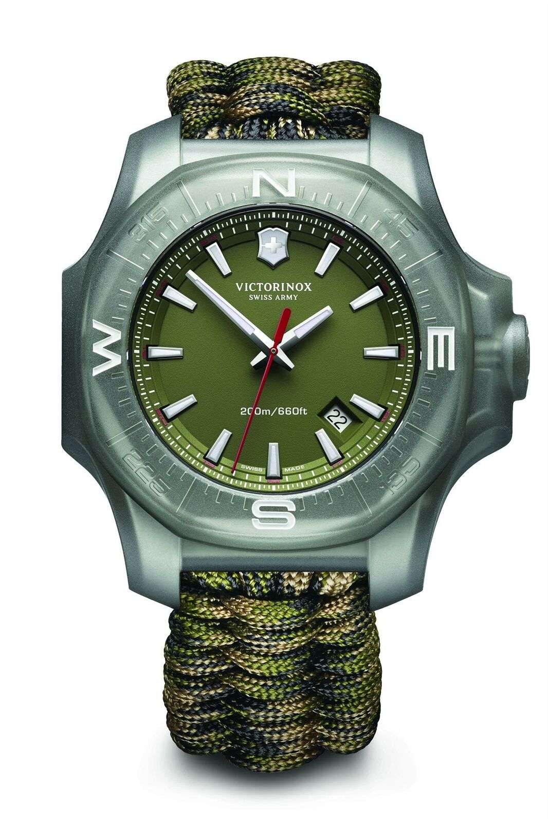 Men's stainless steel wristwatch, dark green dial with luminous markers and green paracord strap