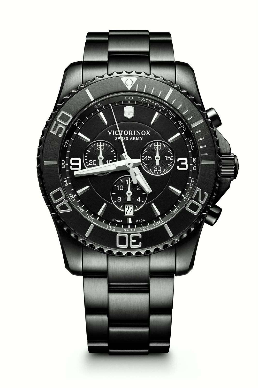 Men's black chronograph wristwatch with tachymeter bezel, three subdials, metal band