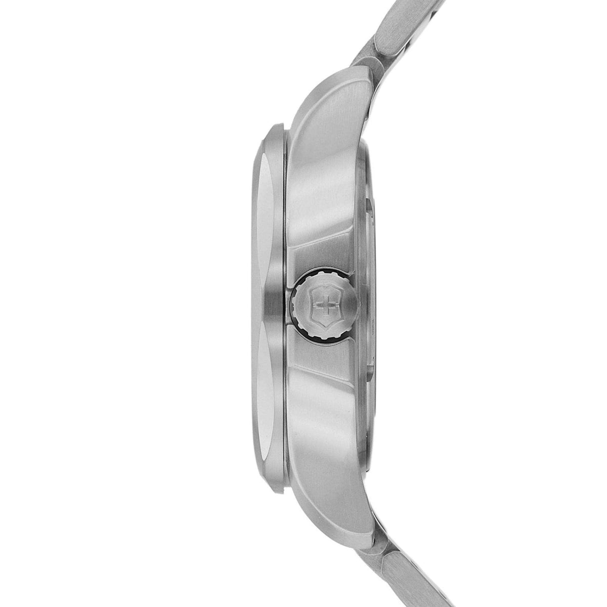 Men's stainless-steel Victorinox wristwatch side profile with crown and curved case