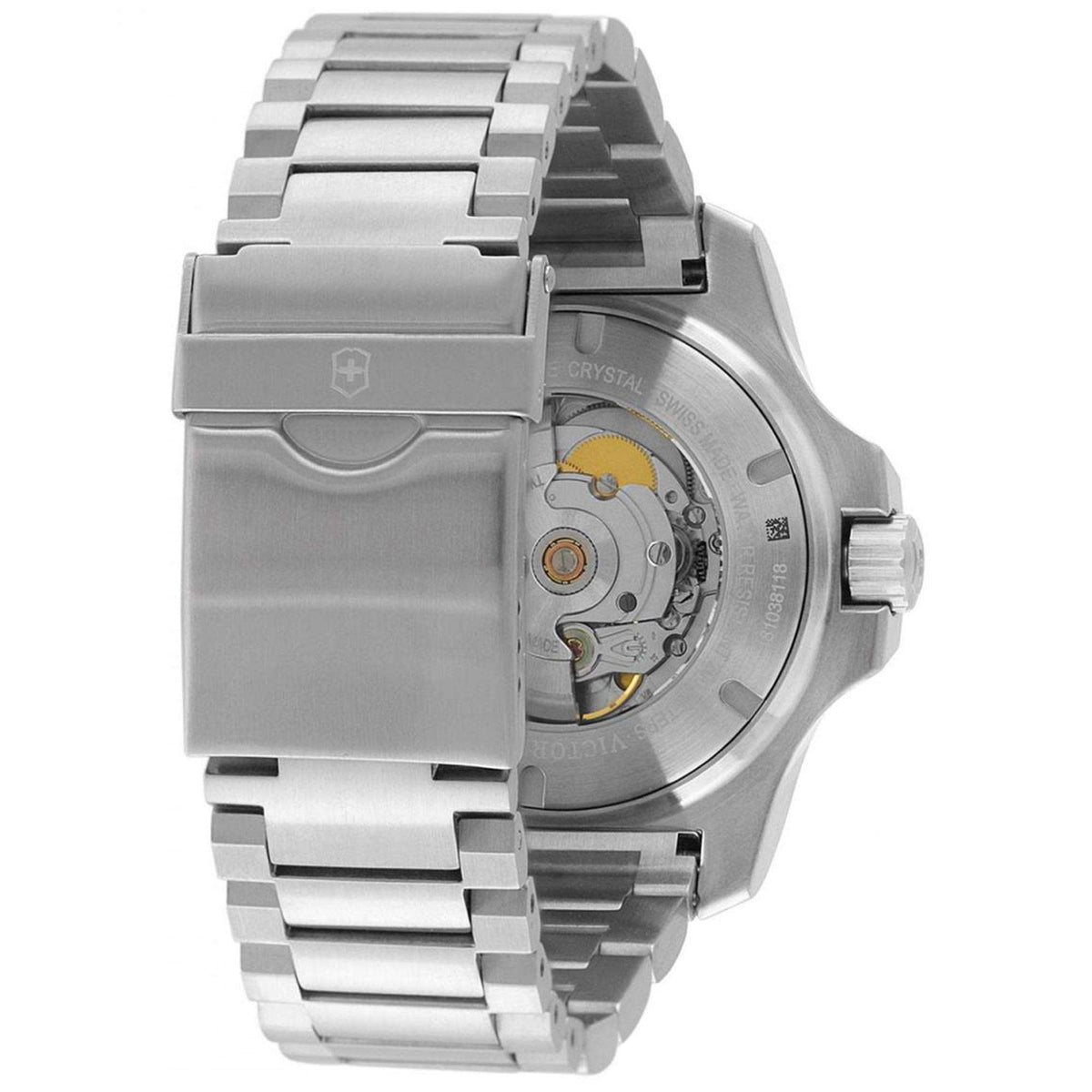 Men's Victorinox automatic wristwatch caseback window with visible movement and bracelet