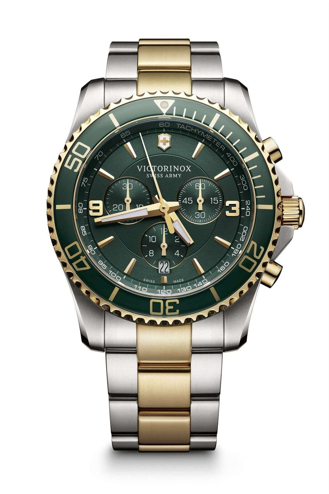 Two-tone stainless steel chronograph watch with green dial, three subdials, gold bezel
