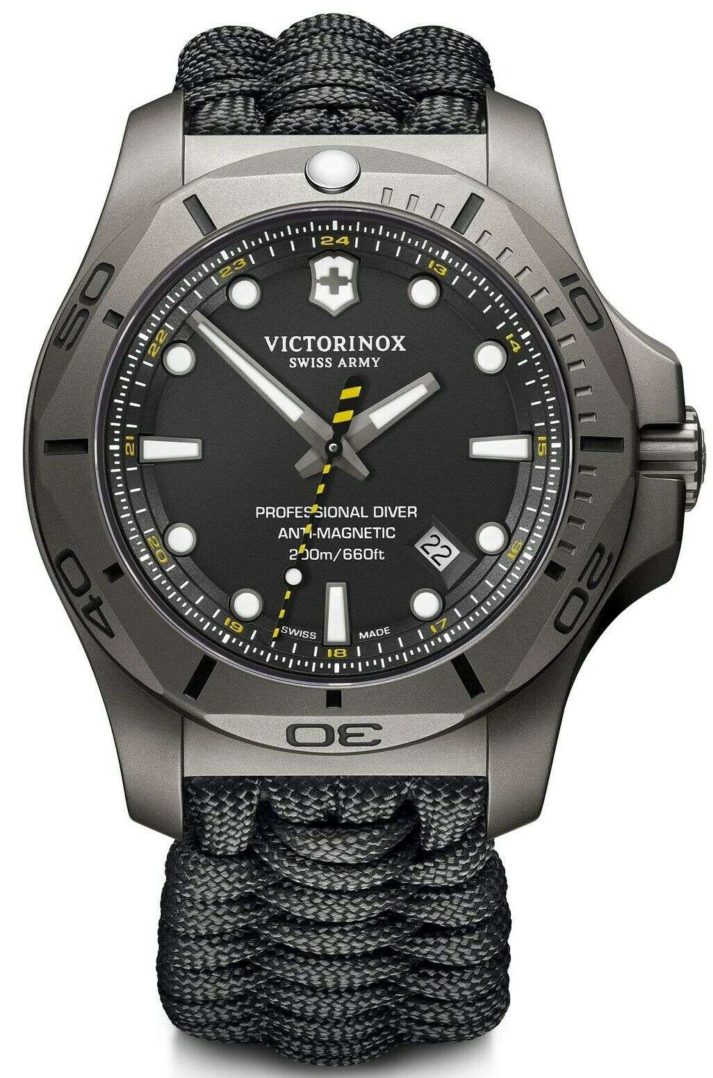 Men's diver watch with black dial, yellow second hand detail, steel case, black paracord