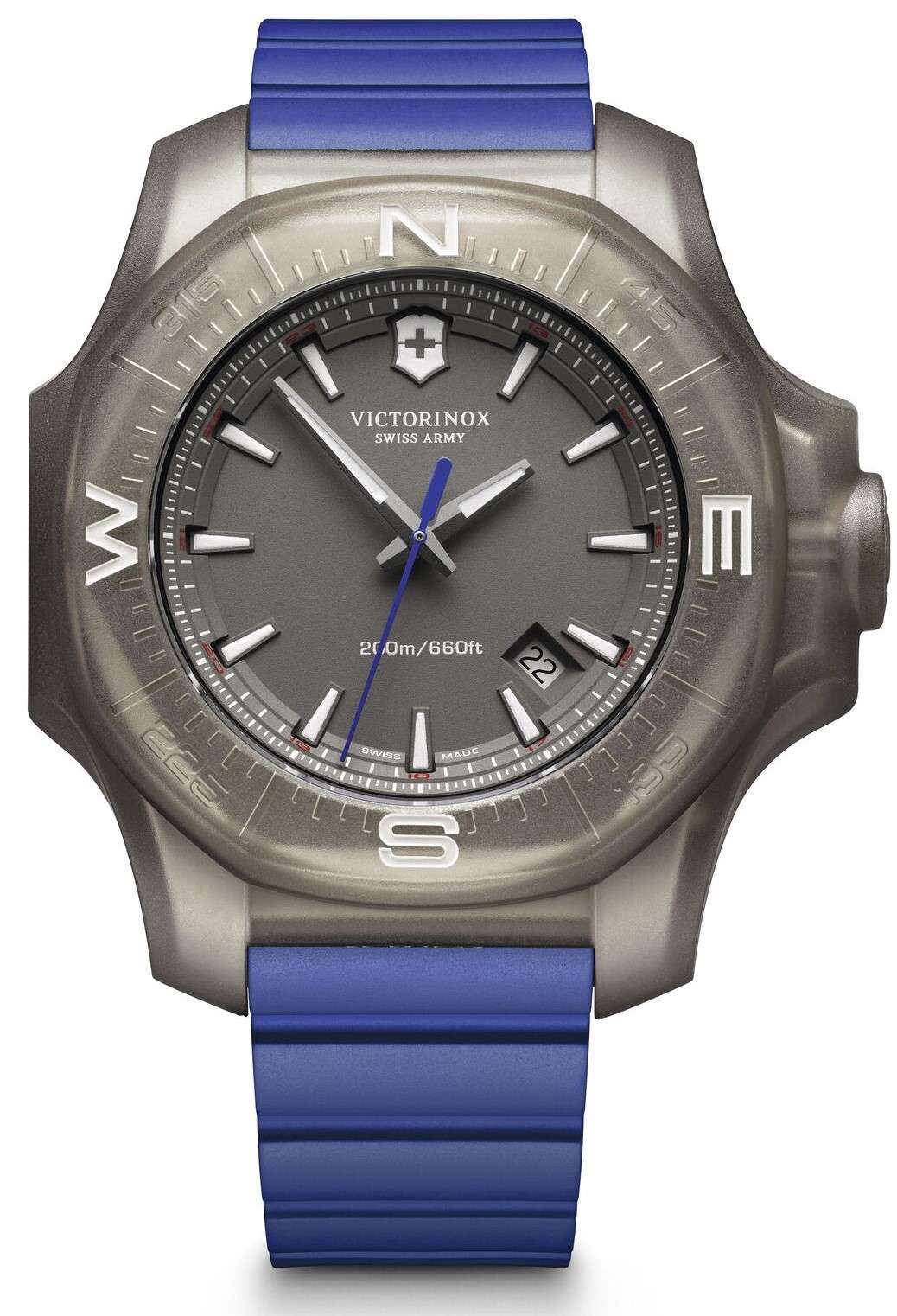 Men's rugged watch with blue rubber band, grey titanium case, dark dial with chronograph-style subdial
