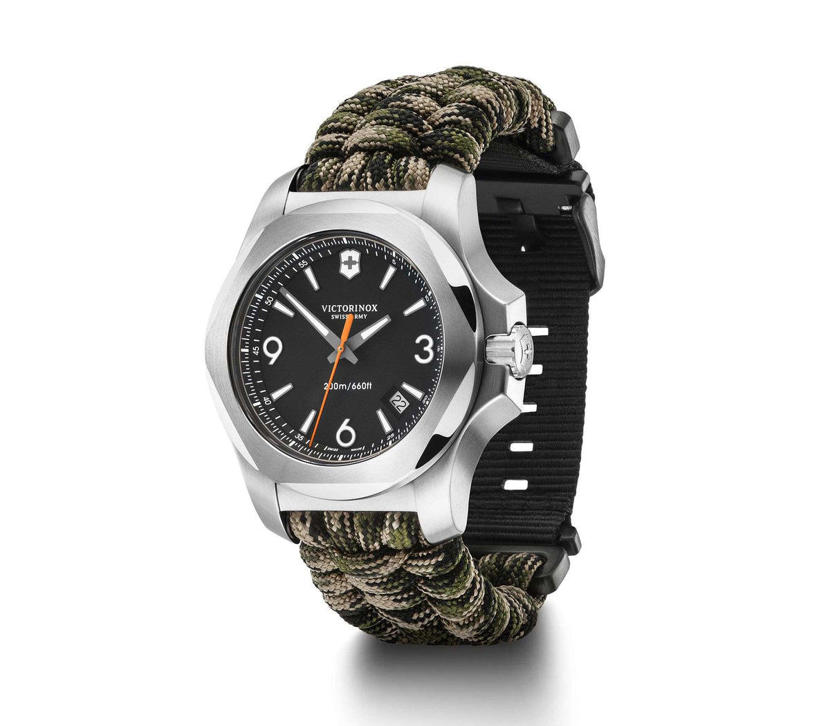 Victorinox I.N.O.X men’s quartz watch with black dial, stainless case, green paracord and black strap