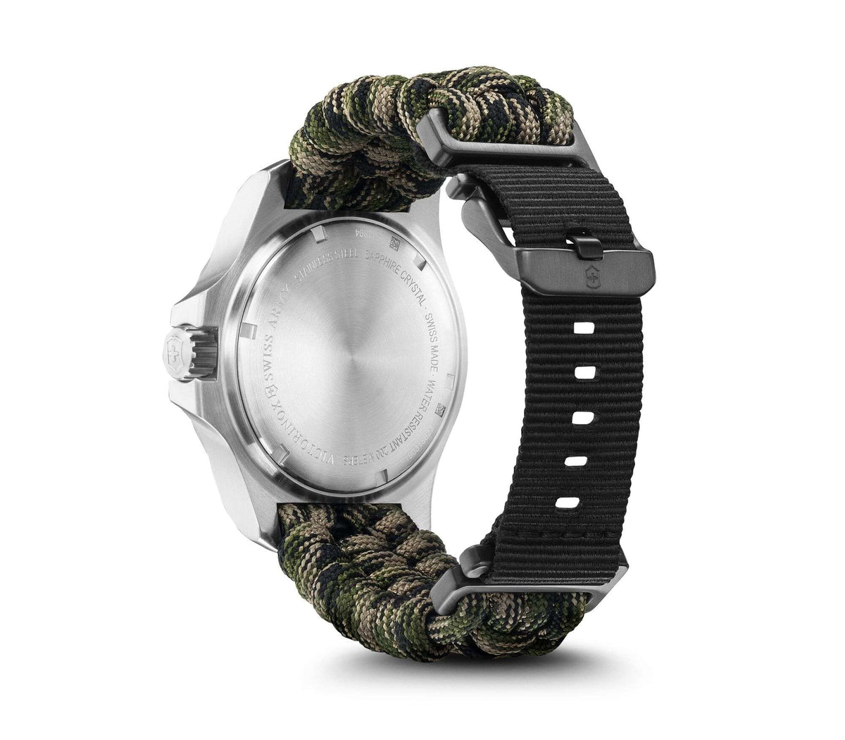 Victorinox I.N.O.X men’s quartz watch rear view with brushed caseback and green paracord/black strap
