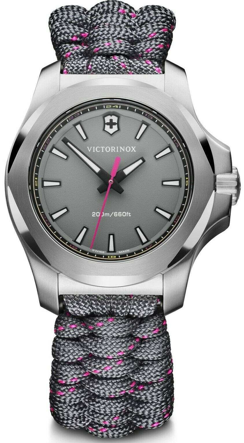 Victorinox quartz watch front view with gray dial, silver case, and gray/pink paracord strap